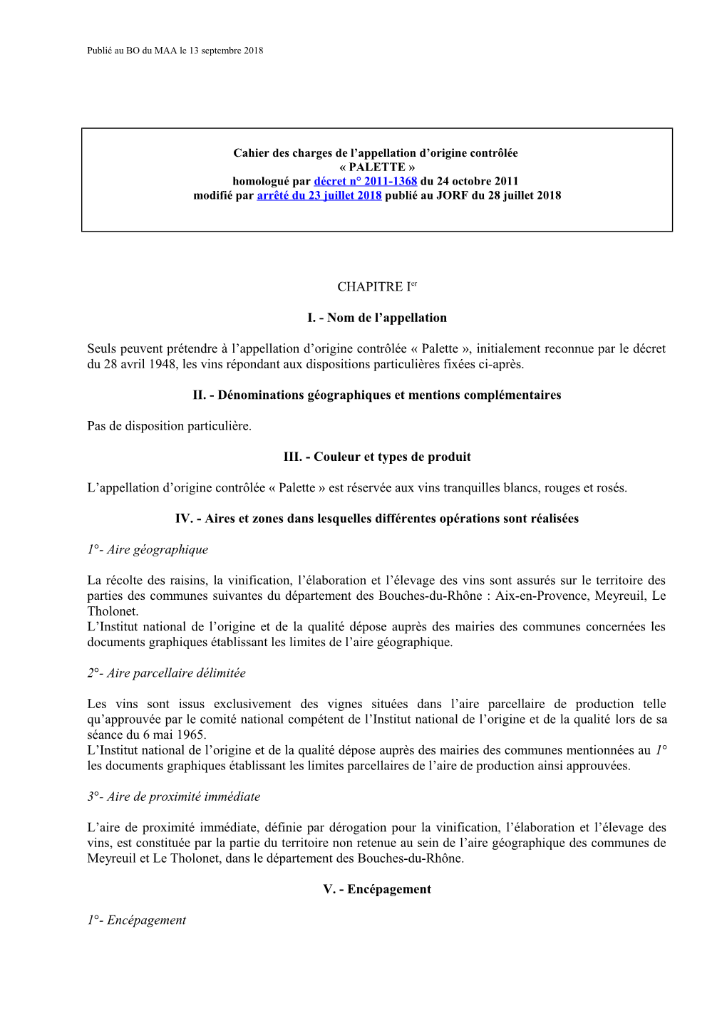 PALETTE » Homologué Par Décret N° 2011-1368 Du 24 Octobre 2011 Modifié Par Arrêté Du 23 Juillet 2018 Publié Au JORF Du 28 Juillet 2018