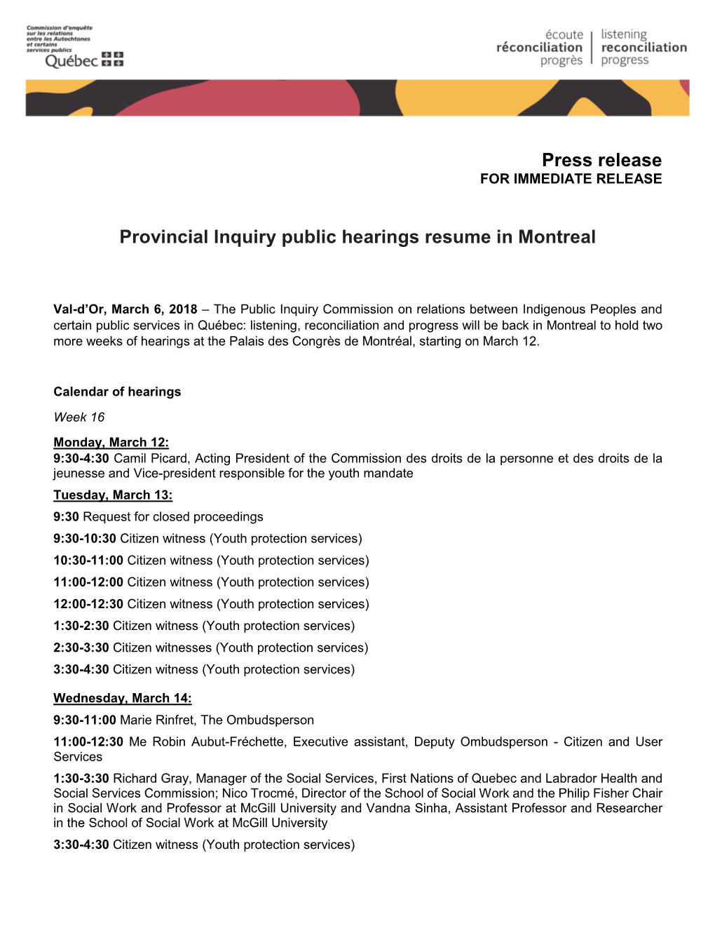 Press Release Provincial Inquiry Public Hearings Resume in Montreal