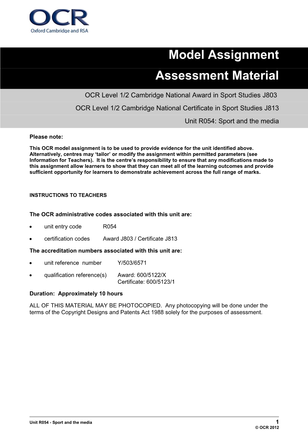 Unit R054 – Sport And The Media - Model Assignment 1