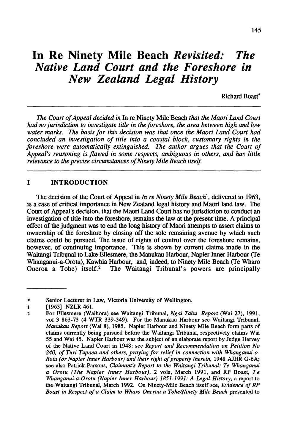 In Re Ninety Mile Beach Revisited: the Native Land Court and the Foreshore in New Zealand Legal History