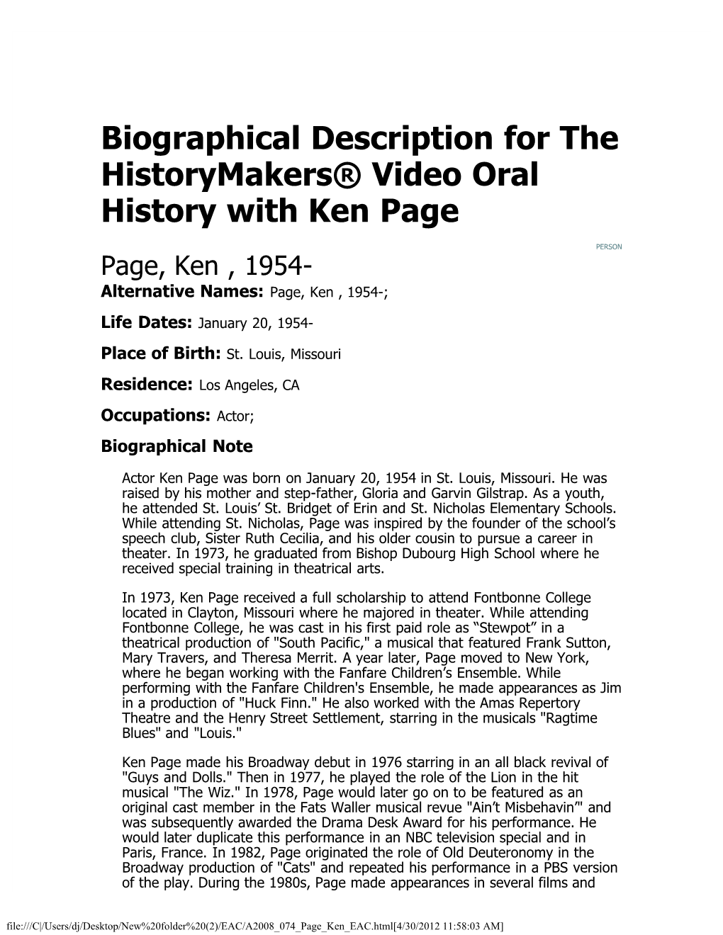 Biographical Description for the Historymakers® Video Oral History with Ken Page