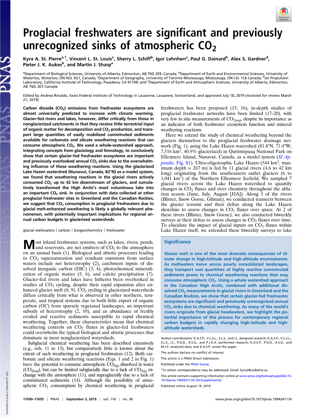 Proglacial Freshwaters Are Significant and Previously Unrecognized Sinks of Atmospheric CO2 Kyra A