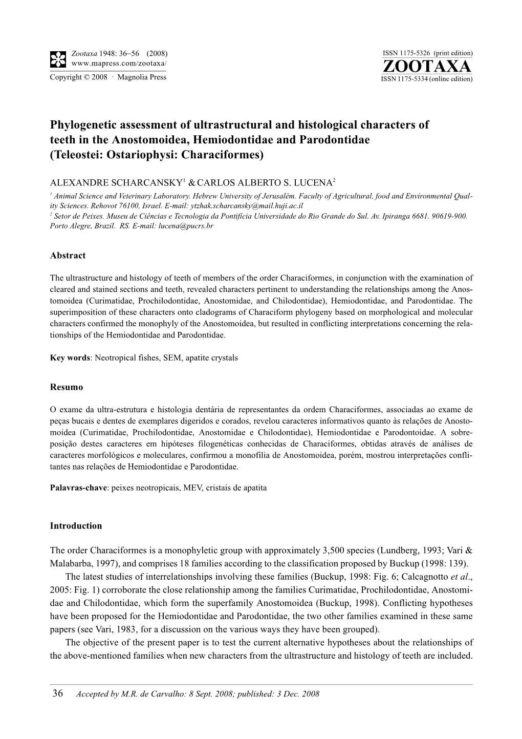 Zootaxa, Phylogenetic Assessment of Ultrastructural and Histological