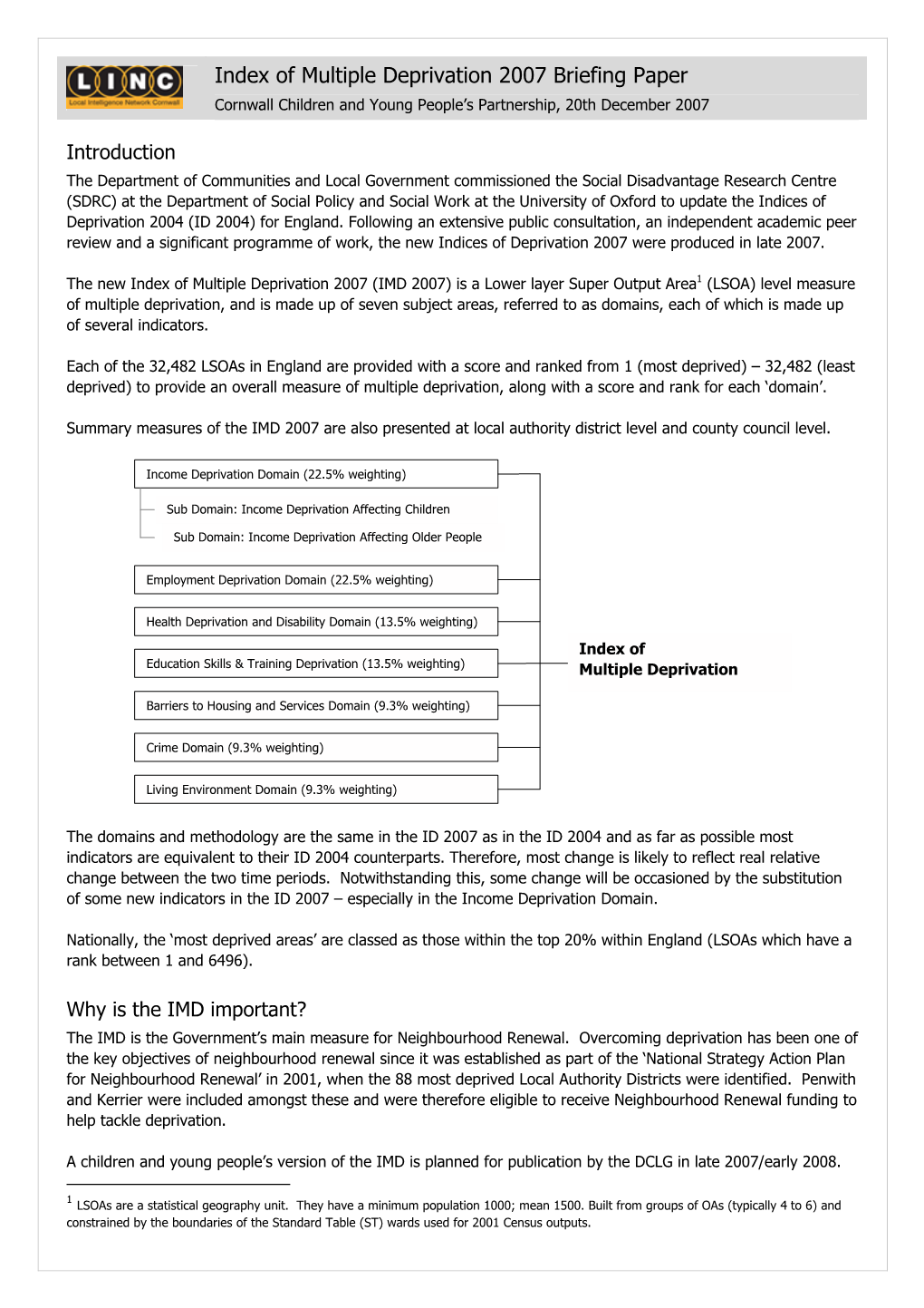 Index of Multiple Deprivation 2007 Briefing Paper Cornwall Children and Young People’S Partnership, 20Th December 2007