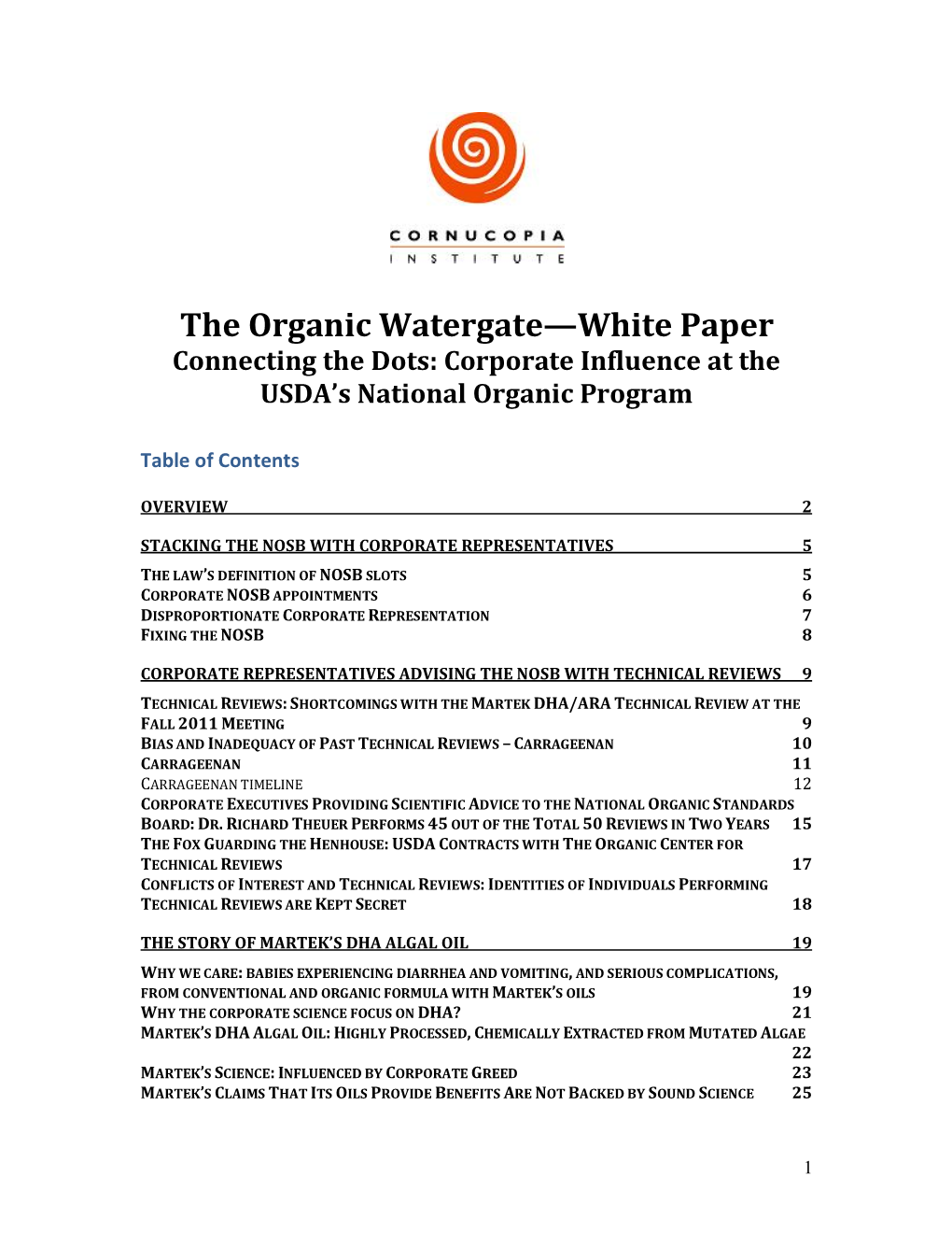 The Organic Watergate—White Paper Connecting the Dots: Corporate Influence at the USDA’S National Organic Program