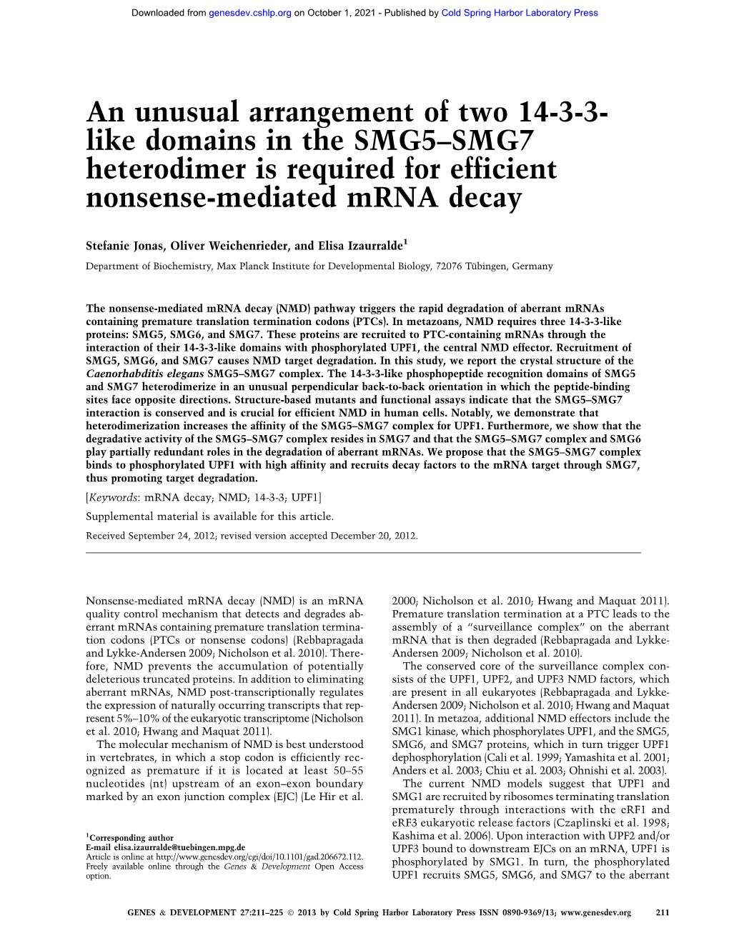Like Domains in the SMG5–SMG7 Heterodimer Is Required for Efficient Nonsense-Mediated Mrna Decay