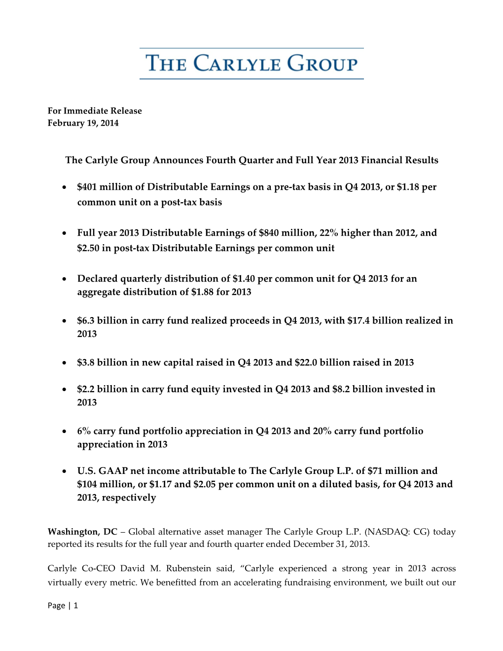 The Carlyle Group Announces Fourth Quarter 2013 Financial Results