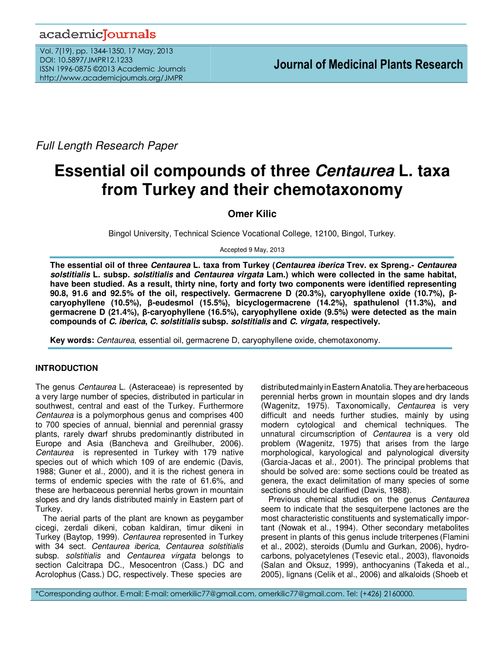 Essential Oil Compounds of Three Centaurea L. Taxa from Turkey and Their Chemotaxonomy
