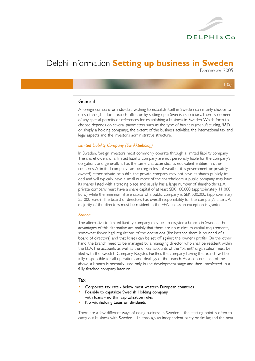 Setting up Business in Sweden Decmeber 2005