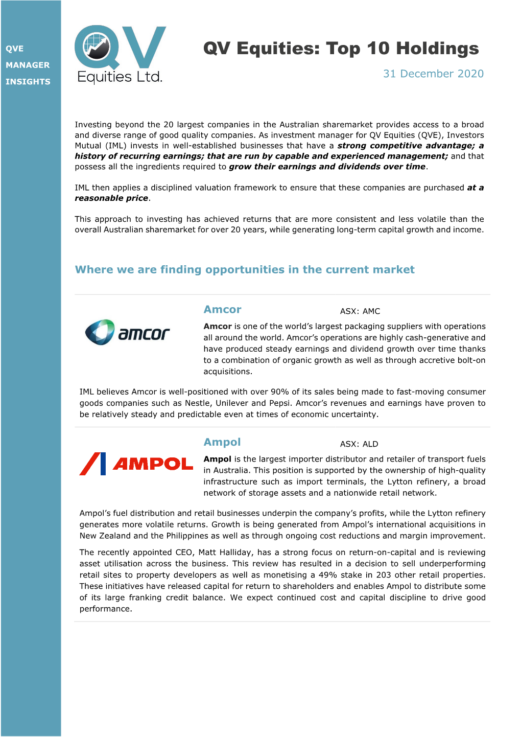 QV Equities: Top 10 Holdings MANAGER 31 December 2020 INSIGHTS