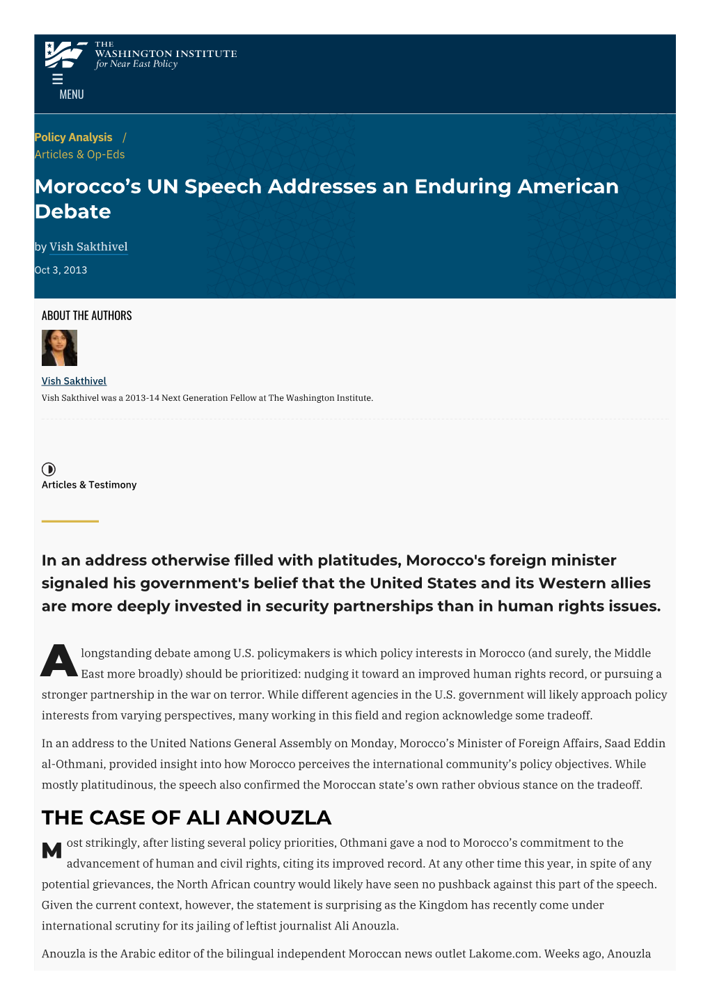 Morocco's UN Speech Addresses an Enduring