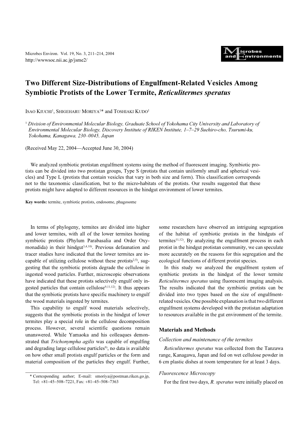 Two Different Size-Distributions of Engulfment-Related Vesicles Among Symbiotic Protists of the Lower Termite, Reticulitermes Speratus