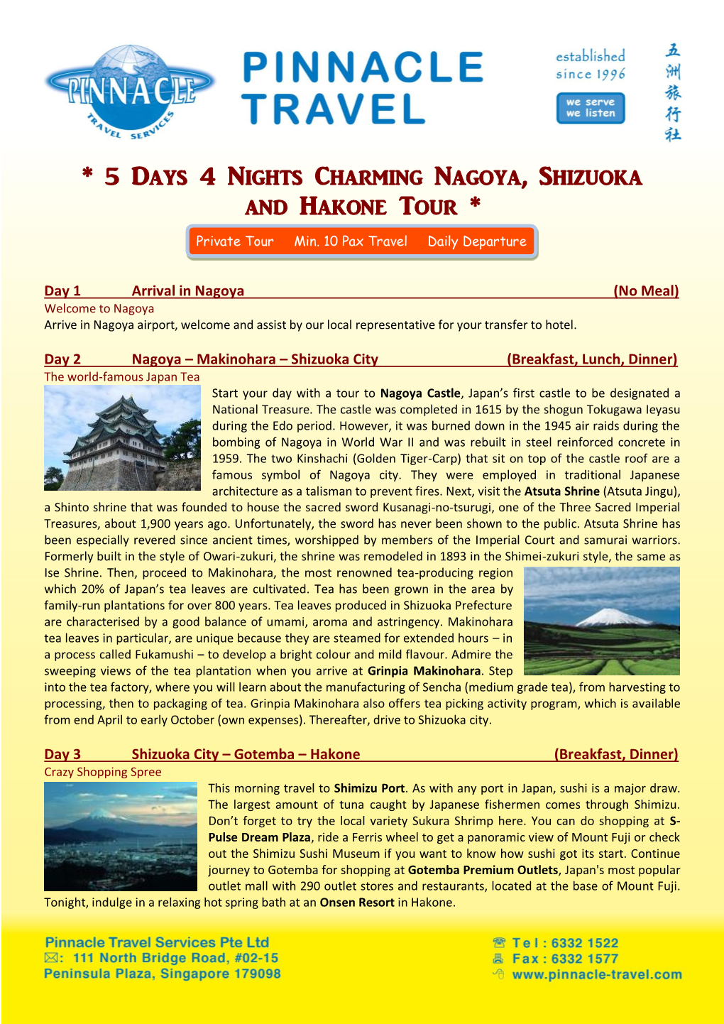 5 Days 4 Nights Charming Nagoya, Shizuoka and Hakone Tour *