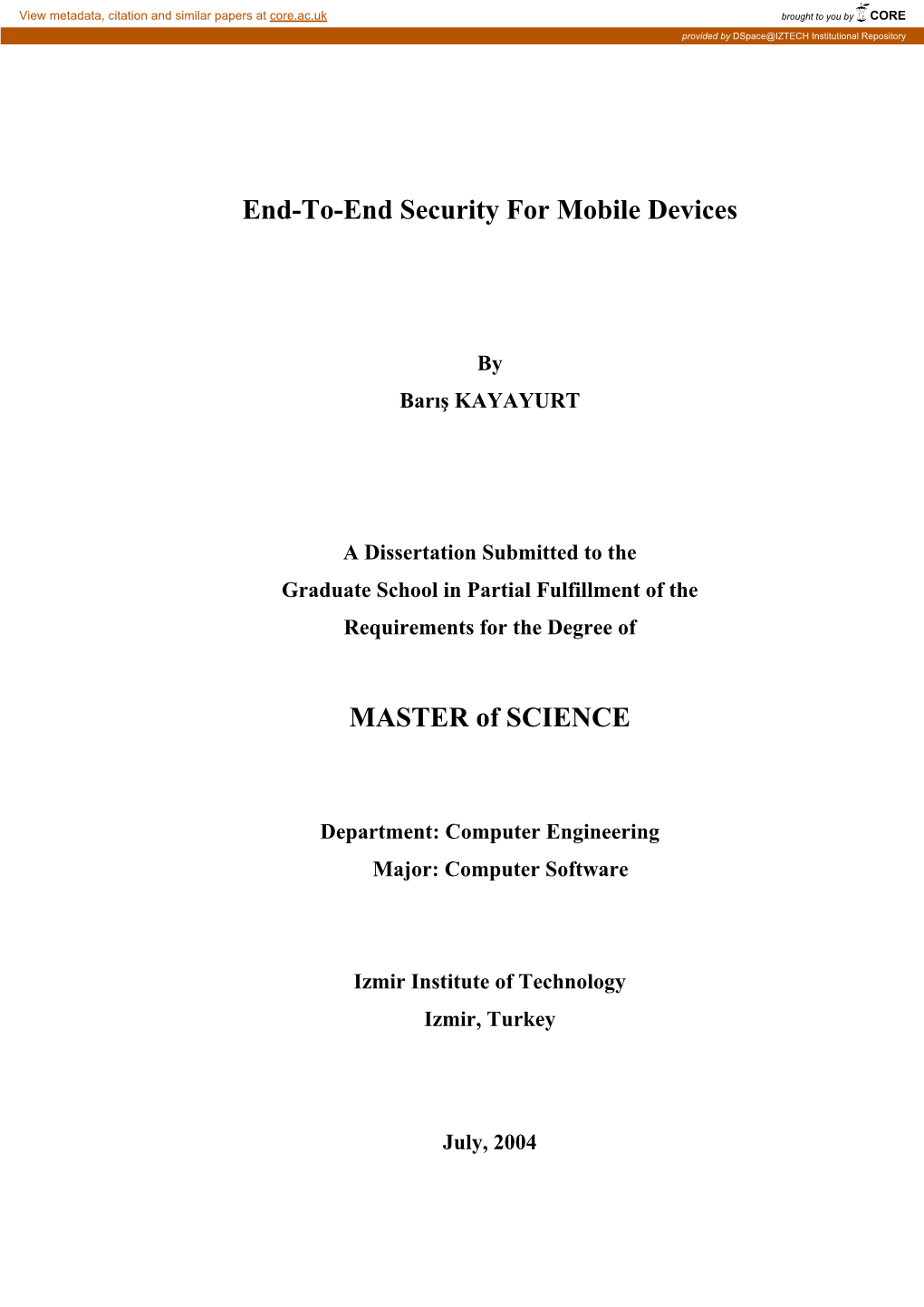 End-To-End Security for Mobile Devices MASTER of SCIENCE