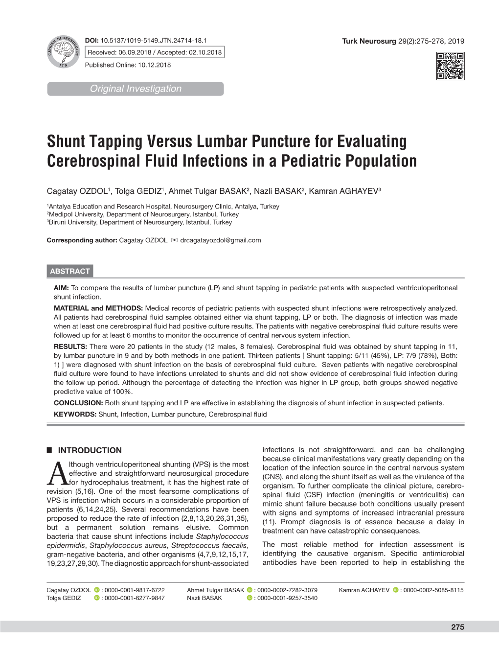 Shunt Tapping Versus Lumbar Puncture for Evaluating Cerebrospinal Fluid Infections in a Pediatric Population