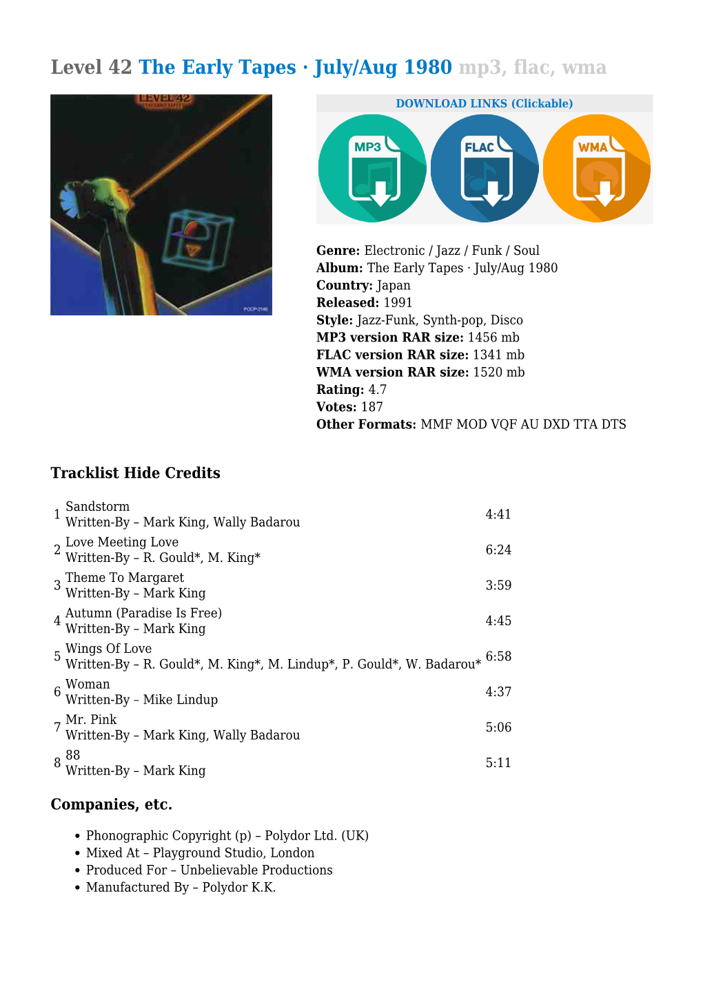 Level 42 the Early Tapes · July/Aug 1980 Mp3, Flac, Wma