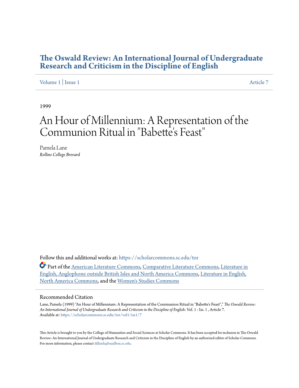 An Hour of Millennium: a Representation of the Communion Ritual in 