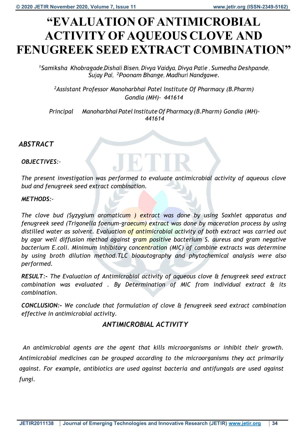 “Evaluation of Antimicrobial Activity of Aqueous Clove and Fenugreek Seed Extract Combination”