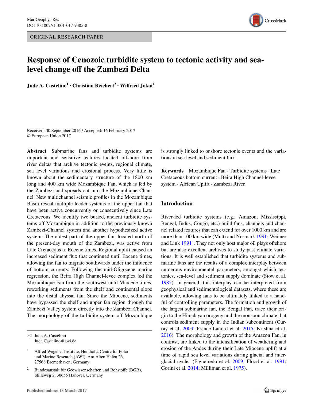 Response of Cenozoic Turbidite System to Tectonic Activity and Sea- Level Change Off the Zambezi Delta