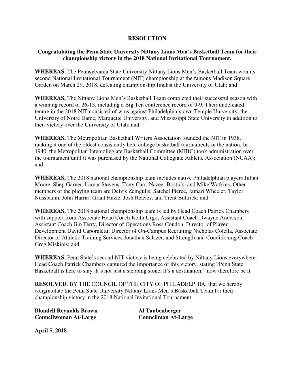 RESOLUTION Congratulating the Penn State University Nittany Lions