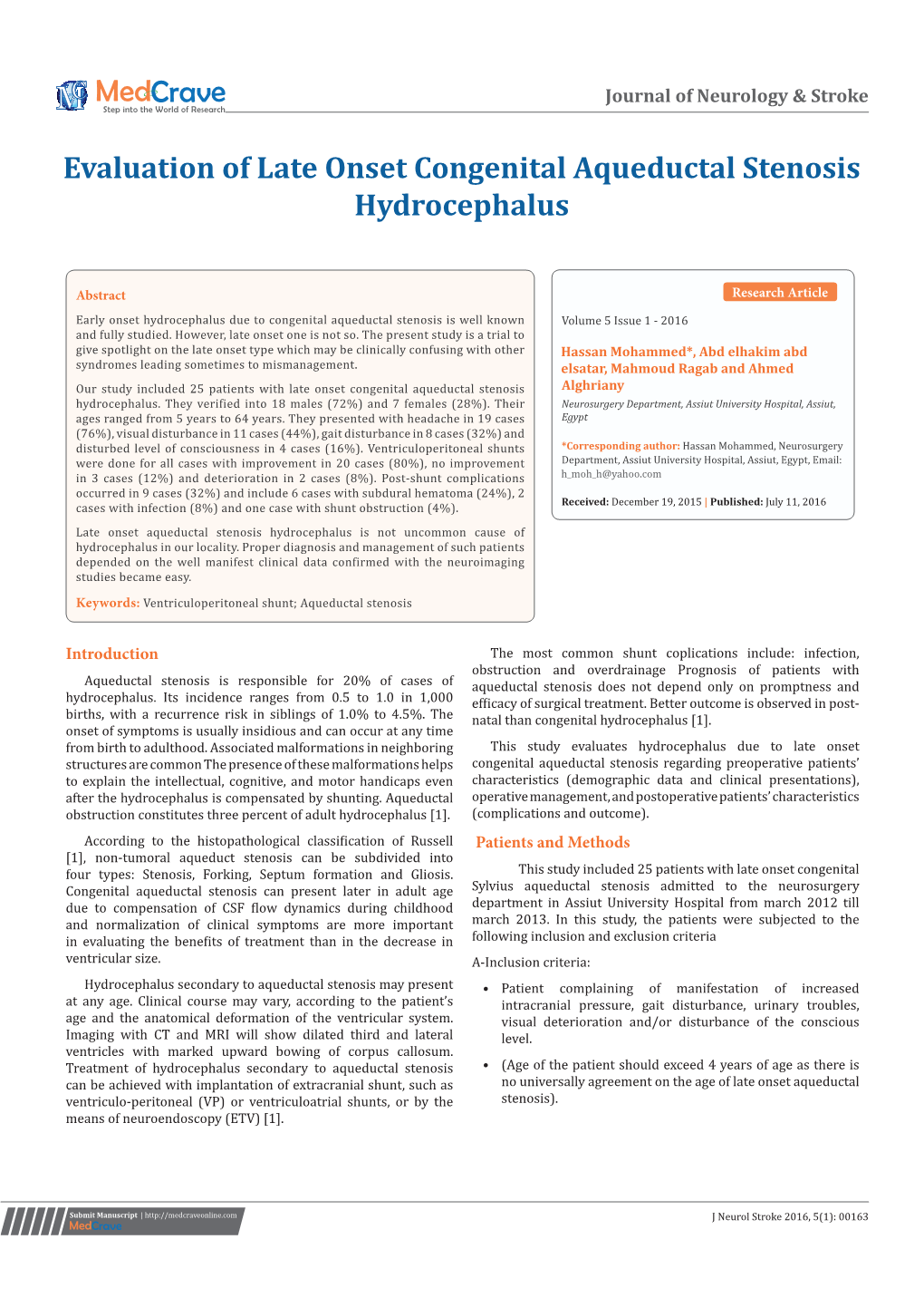 Evaluation of Late Onset Congenital Aqueductal Stenosis Hydrocephalus