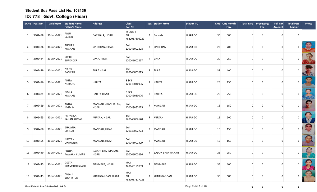 Bus Pass List-4 Part-II(Girls)