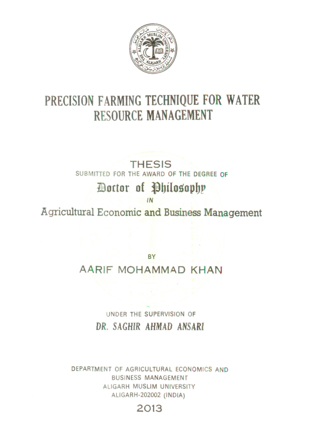 Precision Farming Technique for Water Resource Management