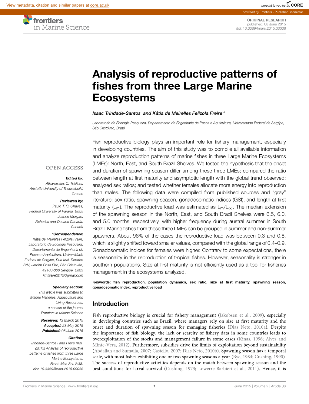 Analysis of Reproductive Patterns of Fishes from Three Large Marine