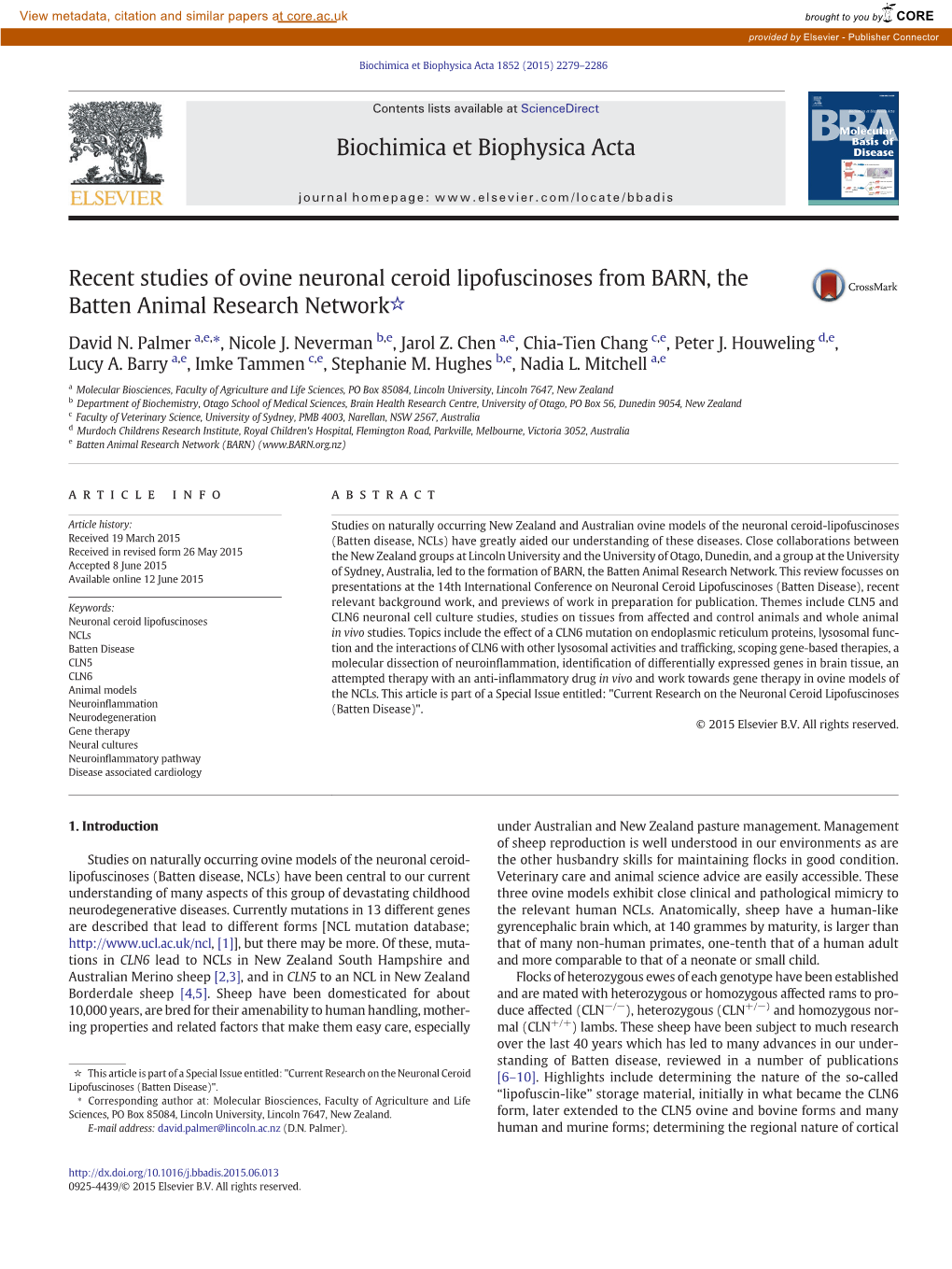 Recent Studies of Ovine Neuronal Ceroid Lipofuscinoses from BARN, the Batten Animal Research Network☆