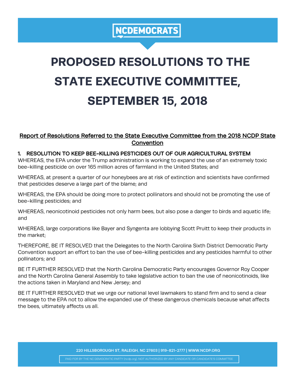 Proposed Resolutions to the State Executive Committee, September 15, 2018