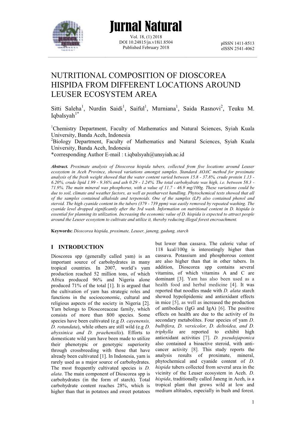 Nutritional Composition of Dioscorea Hispida from Different Locations Around Leuser Ecosystem Area