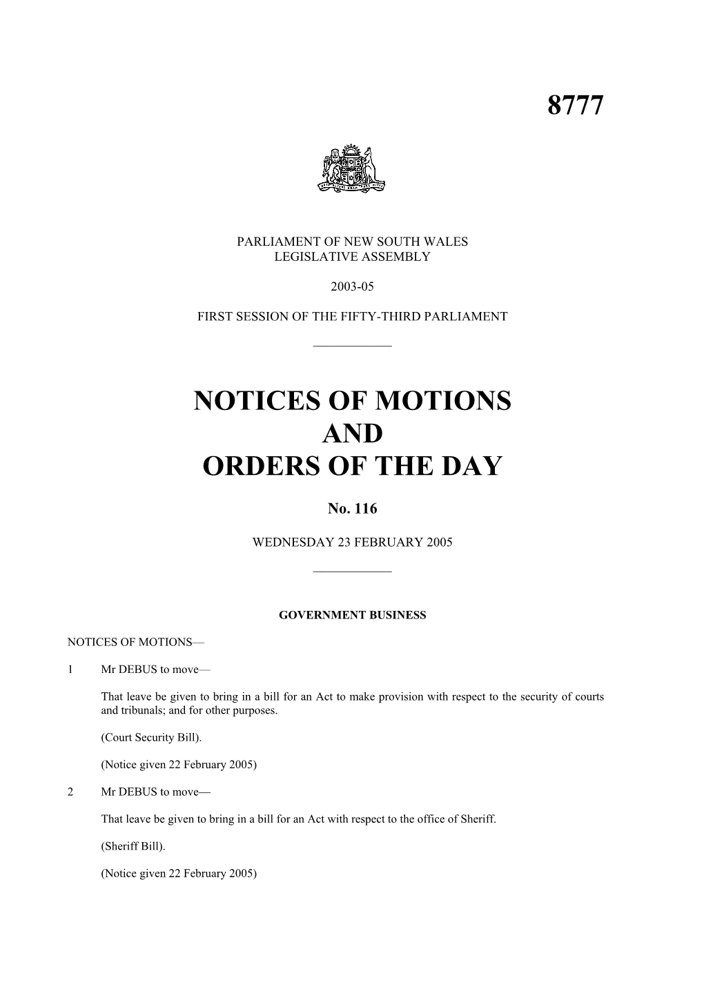 8777 Notices of Motions and Orders of The