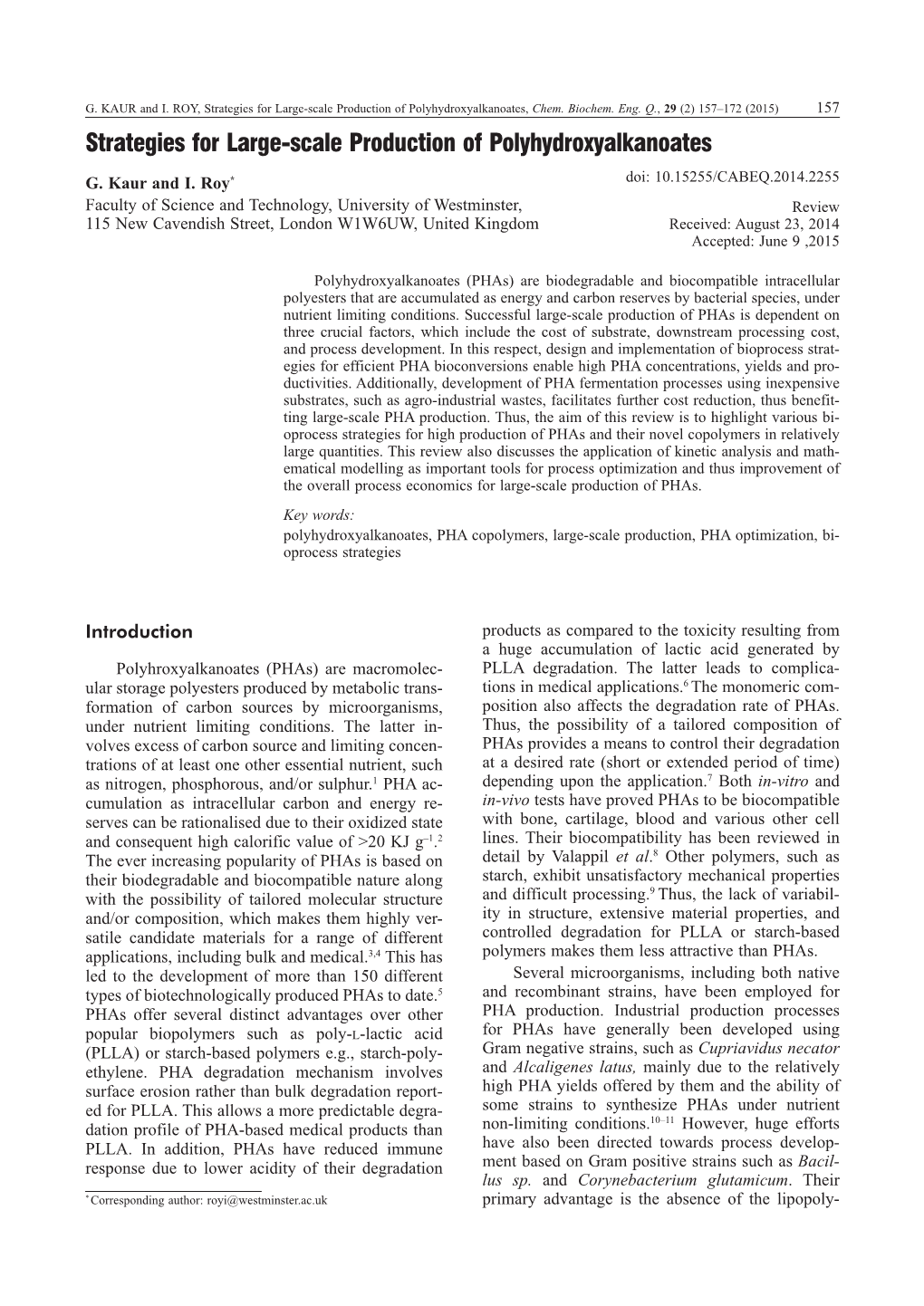 Strategies for Large-Scale Production of Polyhydroxyalkanoates, Chem