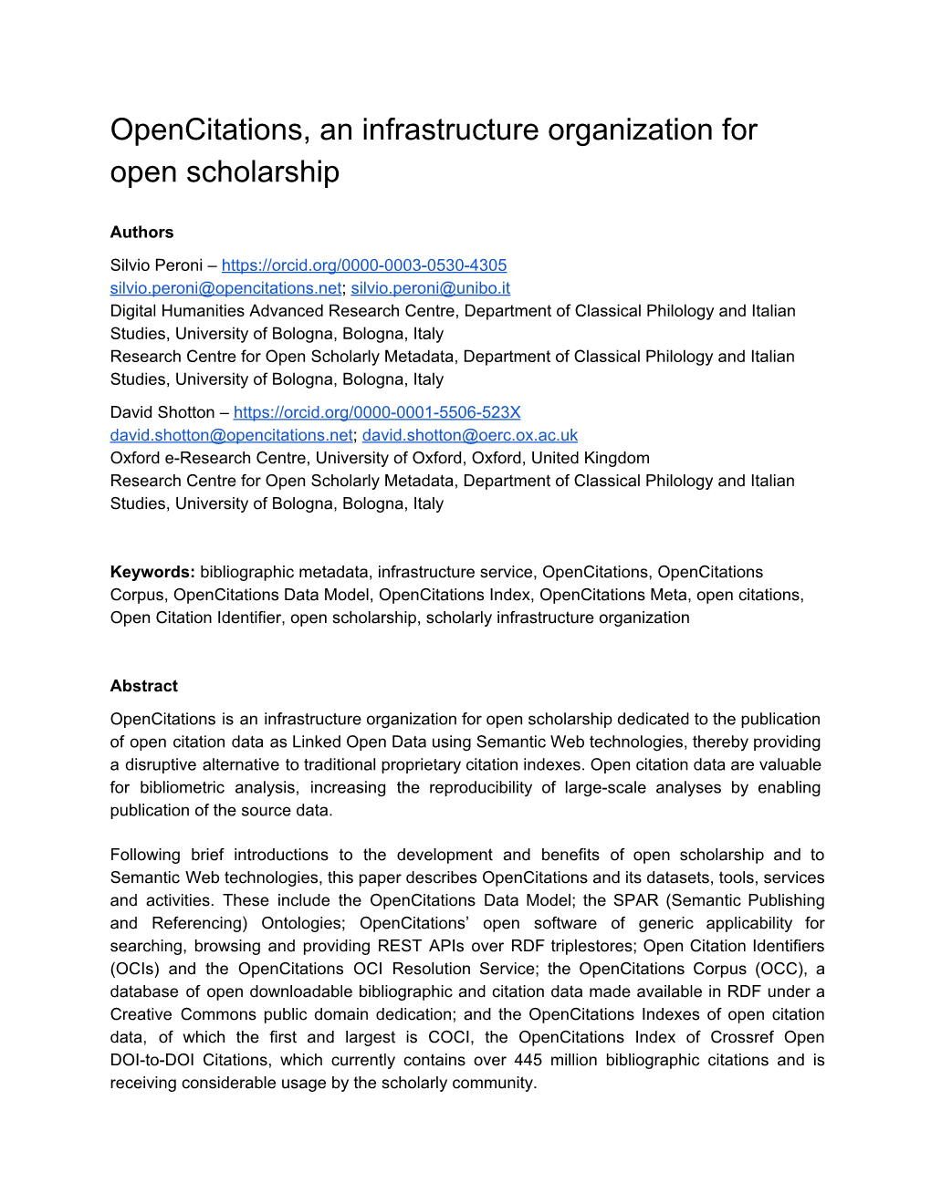 Opencitations, an Infrastructure Organization for Open Scholarship