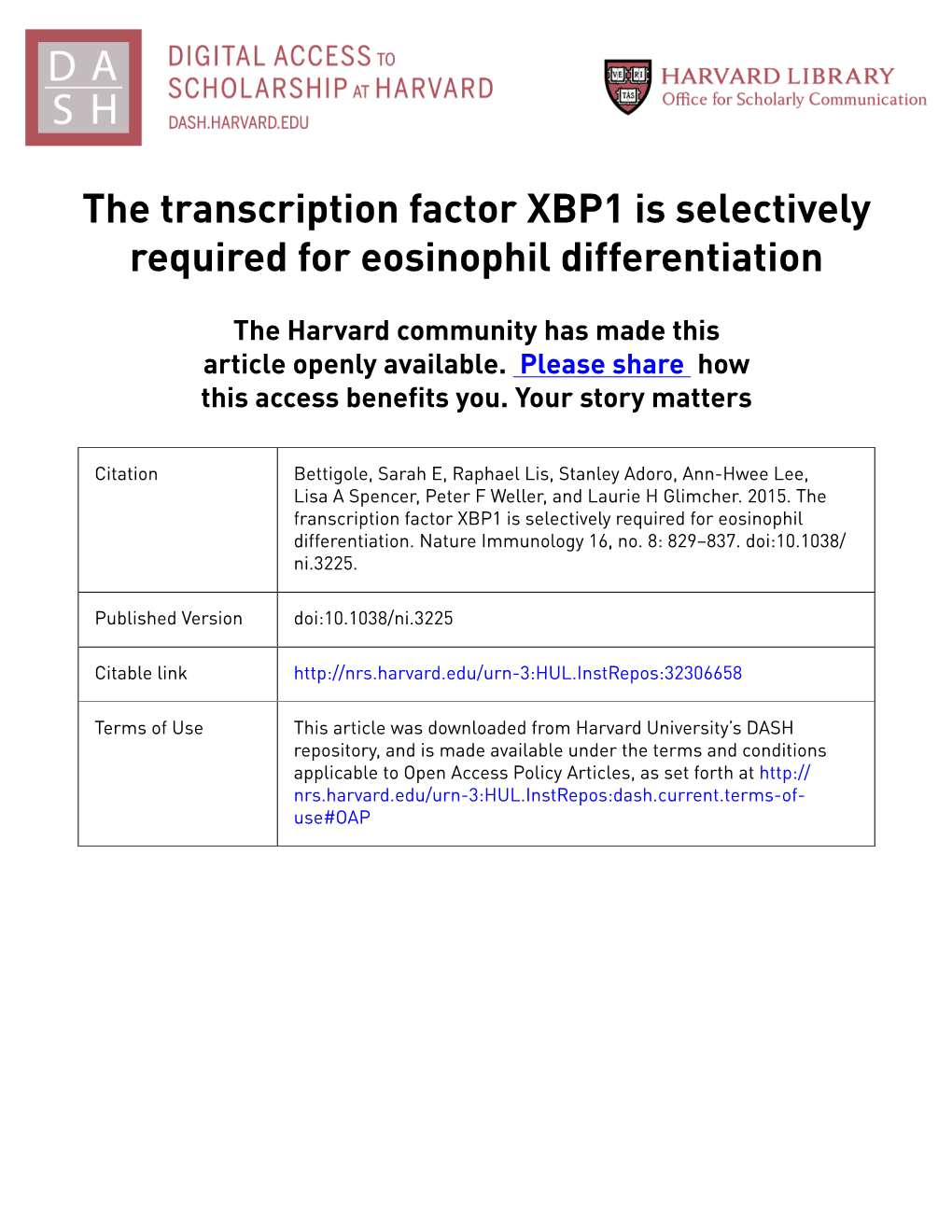 The Transcription Factor XBP1 Is Selectively Required for Eosinophil Differentiation