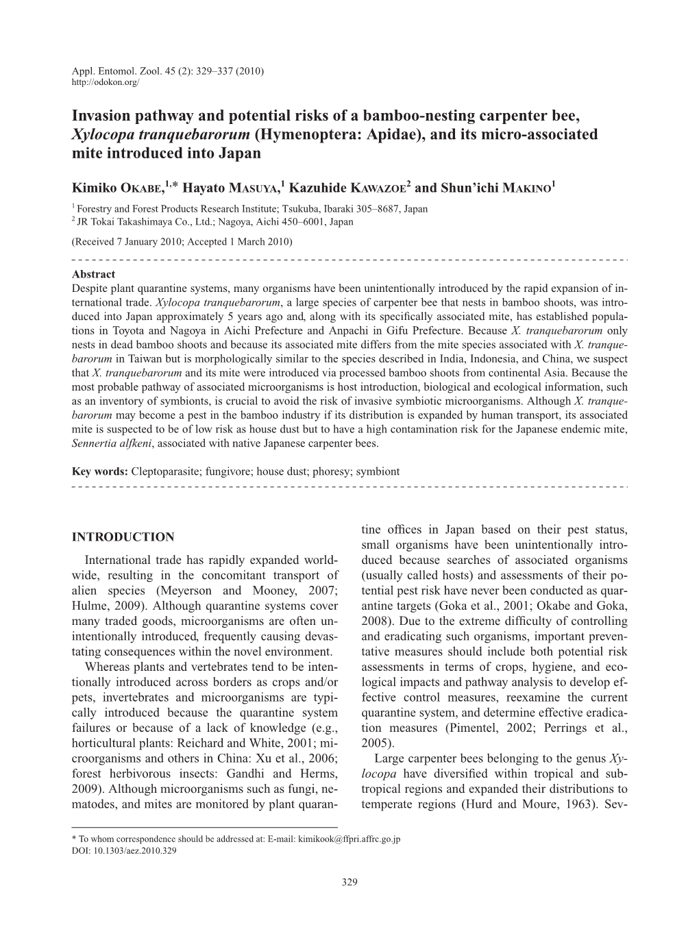 Invasion Pathway and Potential Risks of a Bamboo-Nesting Carpenter Bee