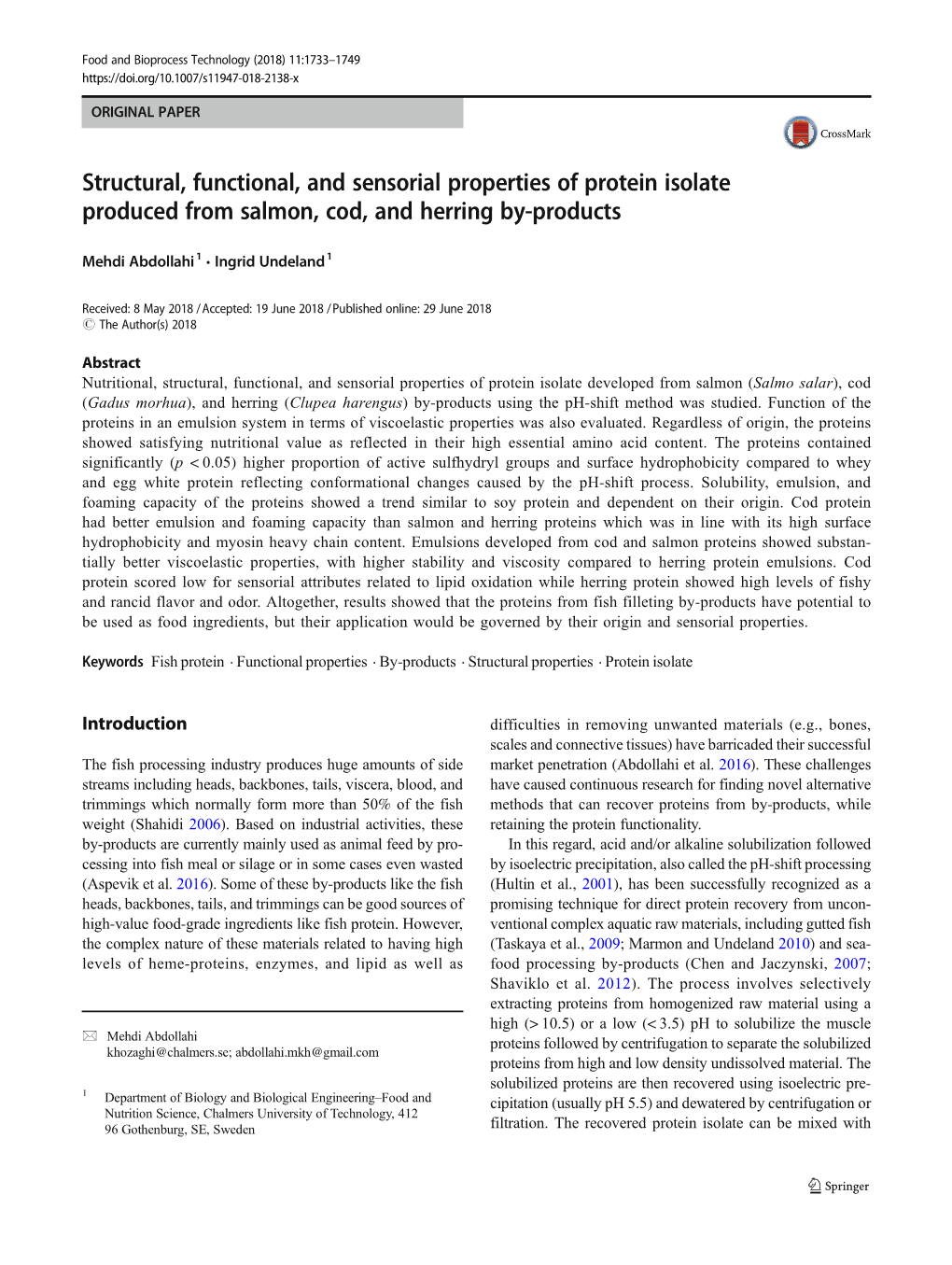 Structural, Functional, and Sensorial Properties of Protein Isolate Produced from Salmon, Cod, and Herring By-Products