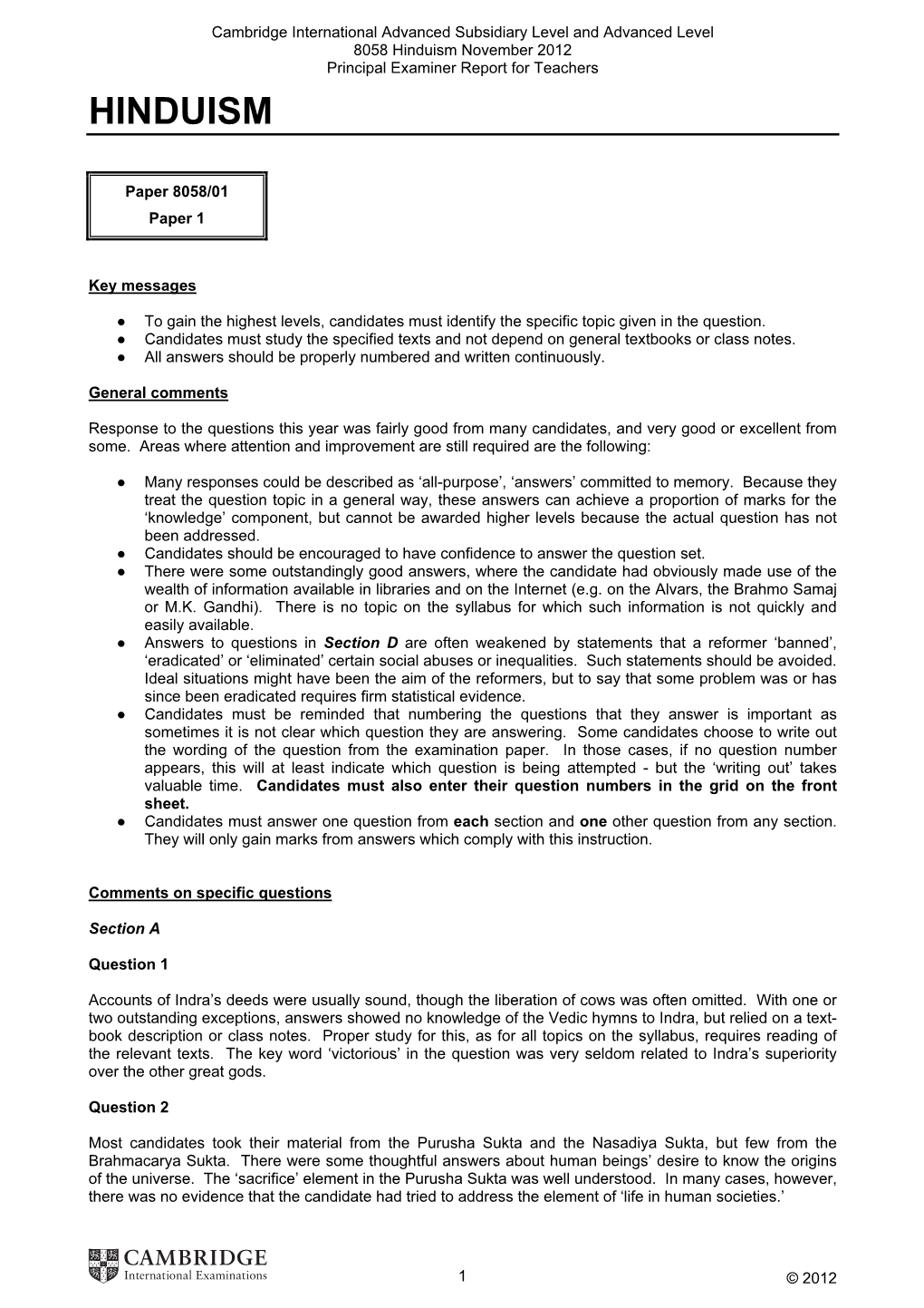 Hinduism November 2012 Principal Examiner Report for Teachers HINDUISM