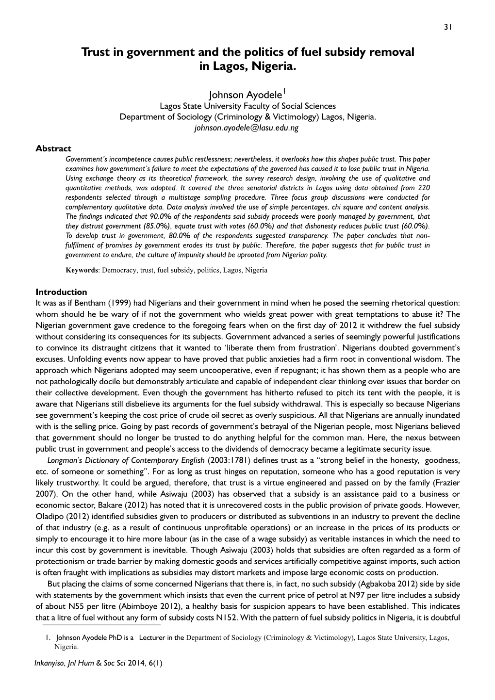 Trust in Government and the Politics of Fuel Subsidy Removal in Lagos, Nigeria