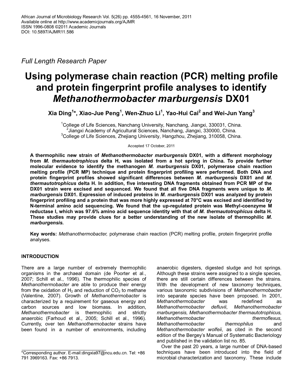 Using Polymerase Chain Reaction (PCR) Melting Profile and Protein Fingerprint Profile Analyses to Identify Methanothermobacter Marburgensis DX01