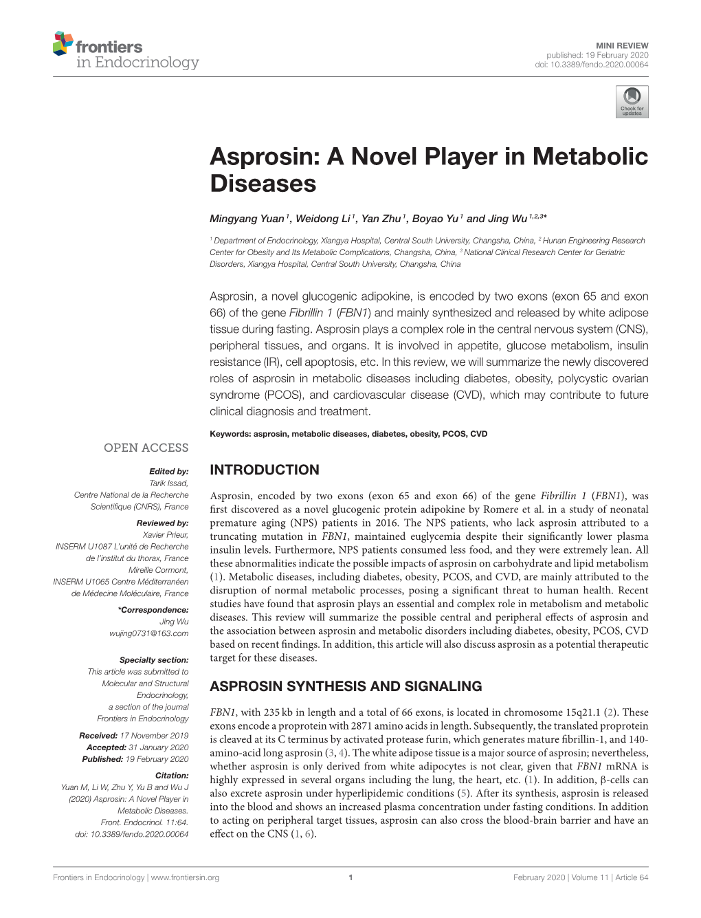 Asprosin: a Novel Player in Metabolic Diseases