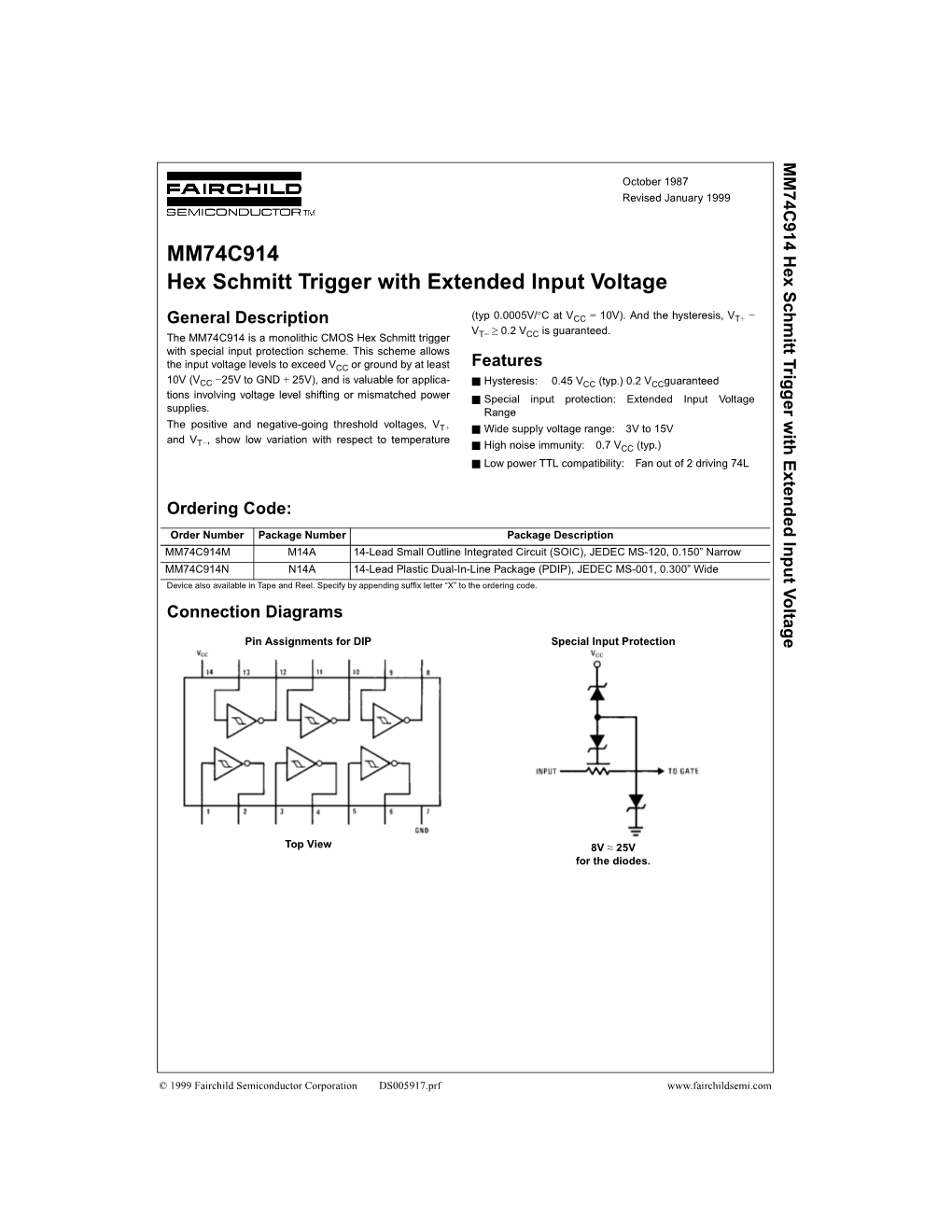 MM74C914 Hex Schmitt Trigger with Extended Input Voltage