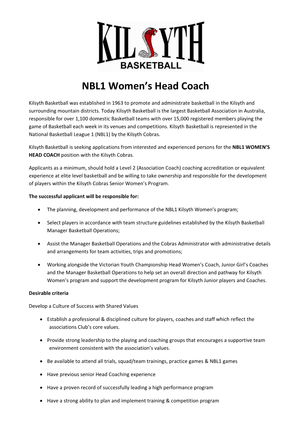 NBL1 Women's Head Coach