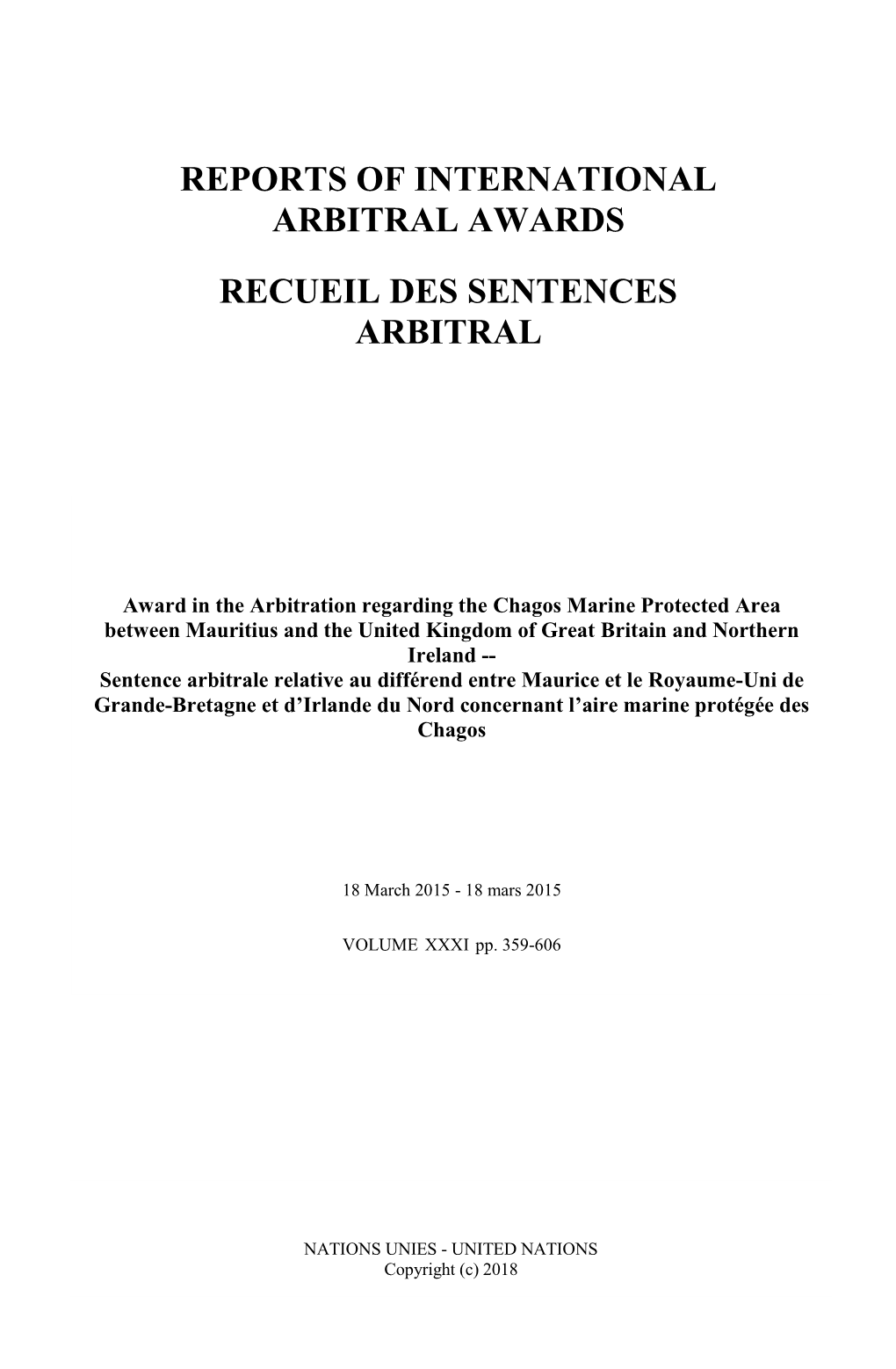 Award in the Arbitration Regarding the Chagos Marine Protected Area