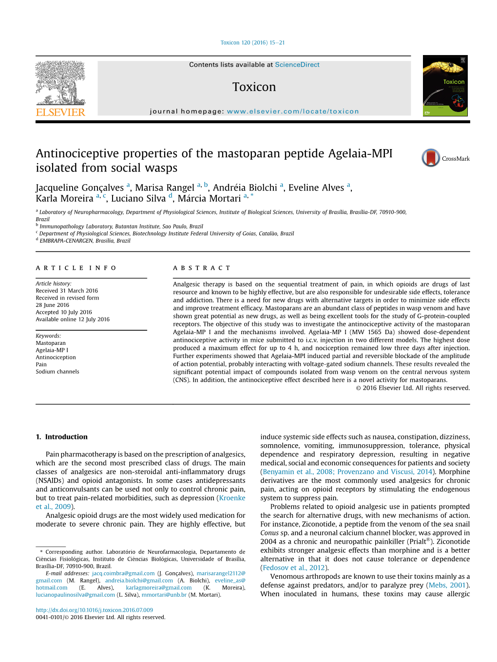 Antinociceptive Properties of the Mastoparan Peptide Agelaia-MPI Isolated from Social Wasps