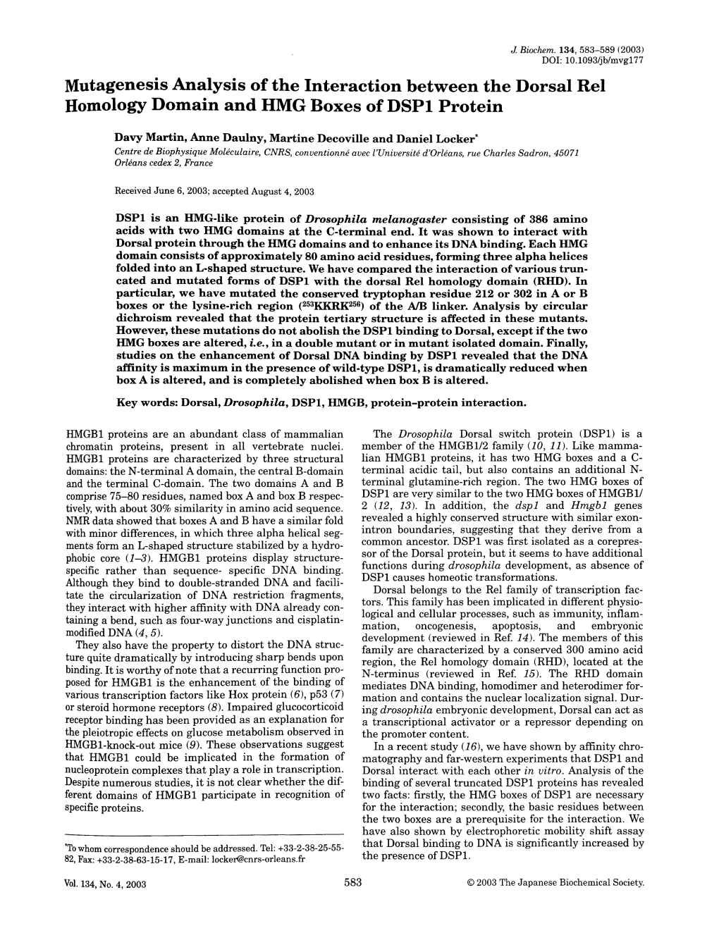 Mutagenesis Analysis of the Interaction Between the Dorsal Rel Homology Domain and HMG Boxes of DSP1 Protein