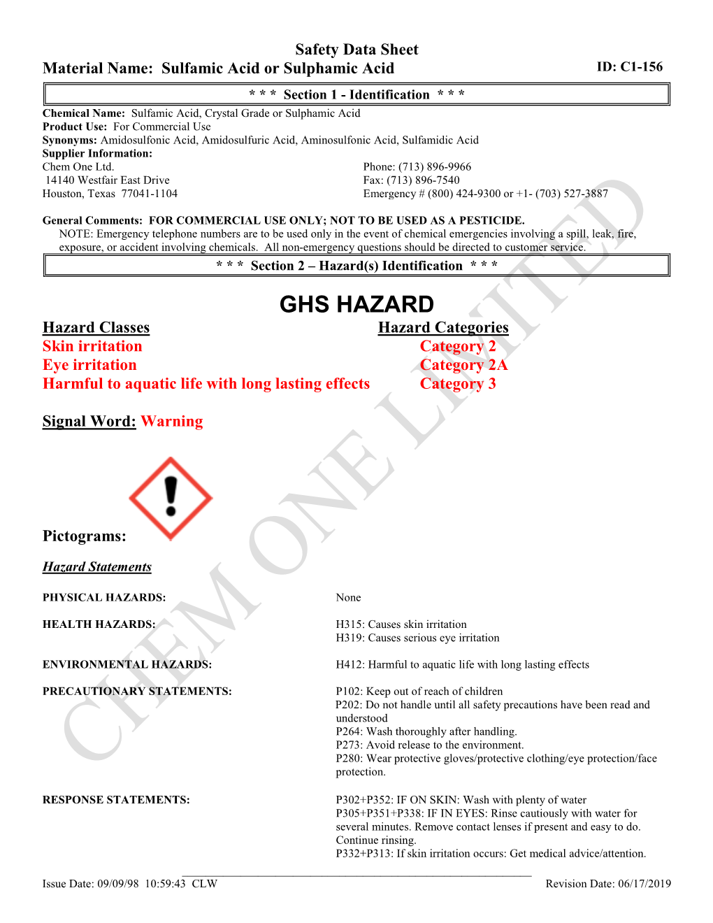 Sulfamic Acid Or Sulphamic Acid ID: C1-156