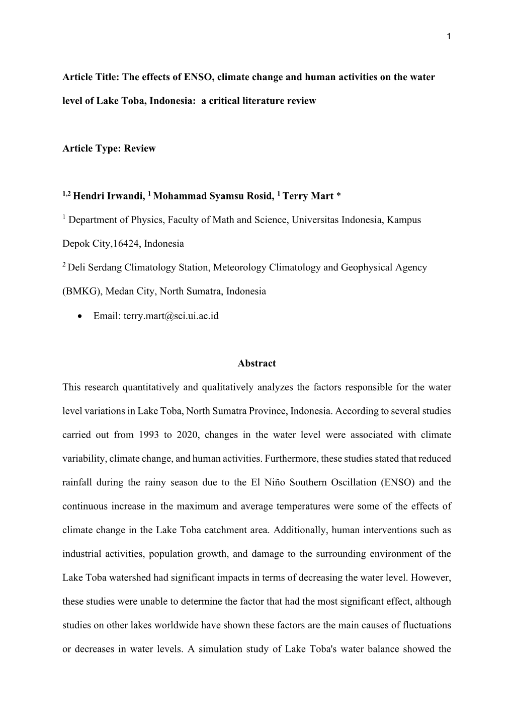 The Effects of ENSO, Climate Change and Human Activities on the Water Level of Lake Toba, Indonesia: a Critical Literature Review