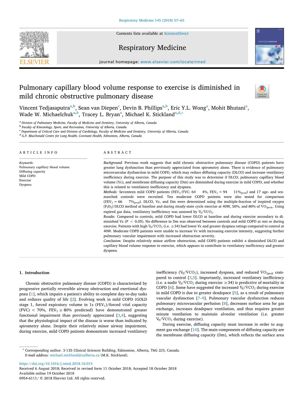 Pulmonary Capillary Blood Volume Response to Exercise Is Diminished in T Mild Chronic Obstructive Pulmonary Disease Vincent Tedjasaputraa,B, Sean Van Diepenc, Devin B