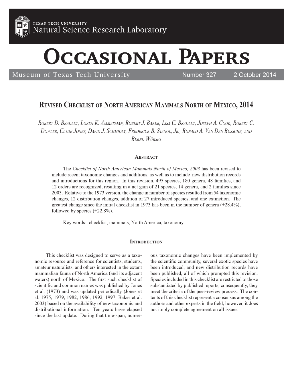 Revised Checklist of North American Mammals North of Mexico, 2014